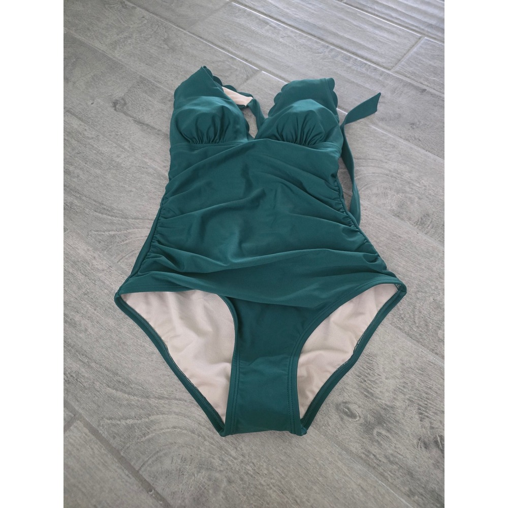 Kona Sol Womens Dark Green Scalloped Halter Ruched One Piece Swimsuit Size M